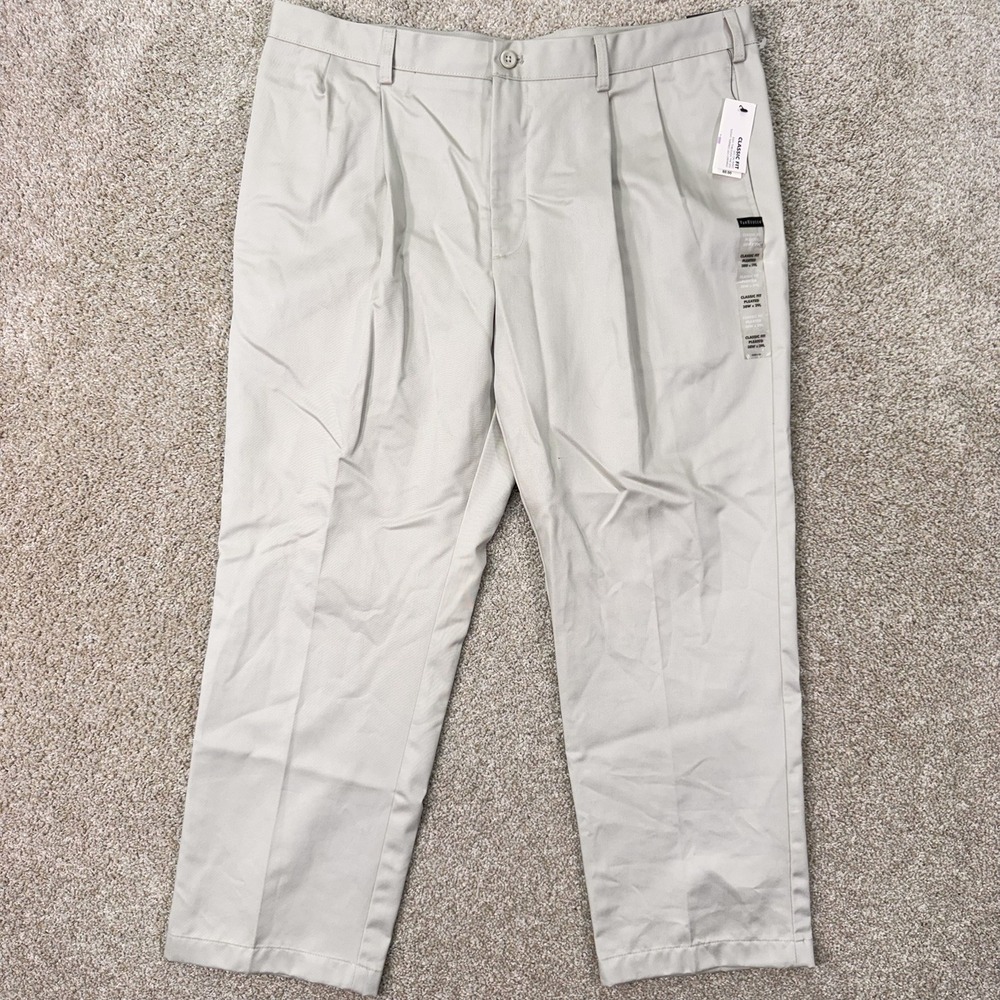 Van Heusen Pants Mens 38x29 Classic Fit Pleated Beige Tapered Cotton NEW